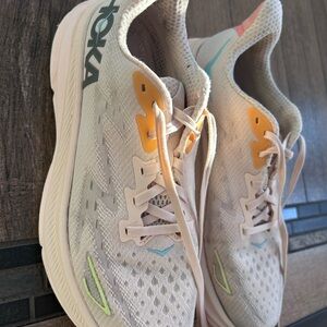 Hoka Women's Pale Pink Running Shoes with Yellow and Mint Accents